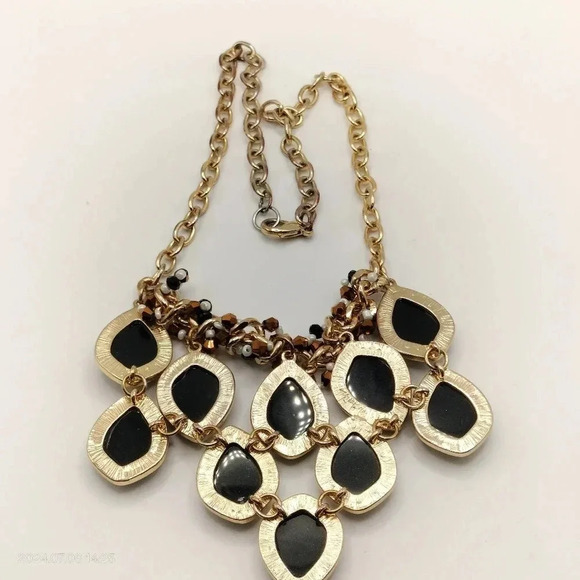 Unsigned Gold Tone Black Cabochons Bib Style Link Necklace Boho - Picture 4 of 6